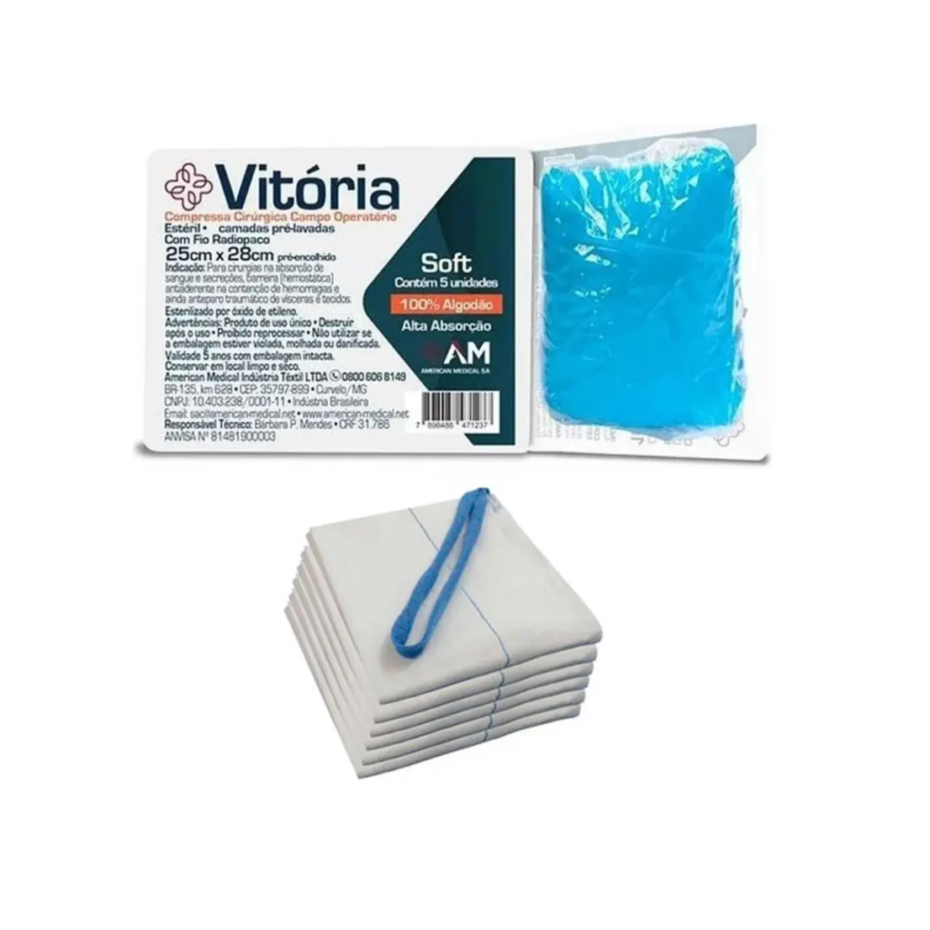 Compressa Campo Operatório 25 x 28 cm Estéril com Fio Radiopaco Vitória