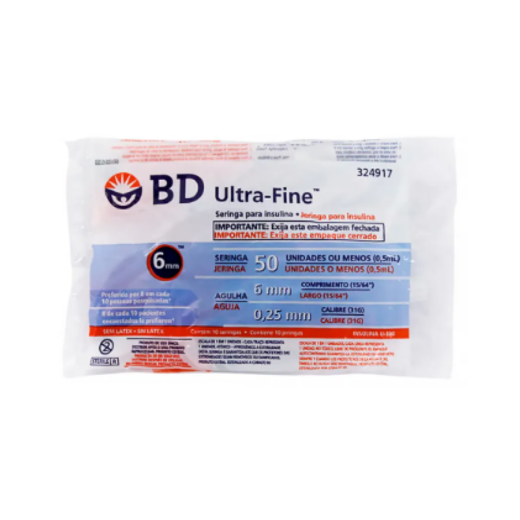 Seringa BD Ultra-Fine – 0,5 ml (50 UI) com Agulha 6 mm (Pacote com 10)