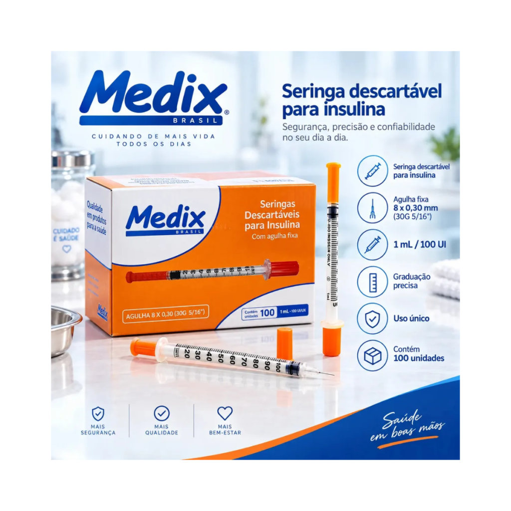 Seringa de Insulina Medix 1 mL com Agulha Fixa 8 x 0,30 mm – 30G – Caixa com 100 Unidades